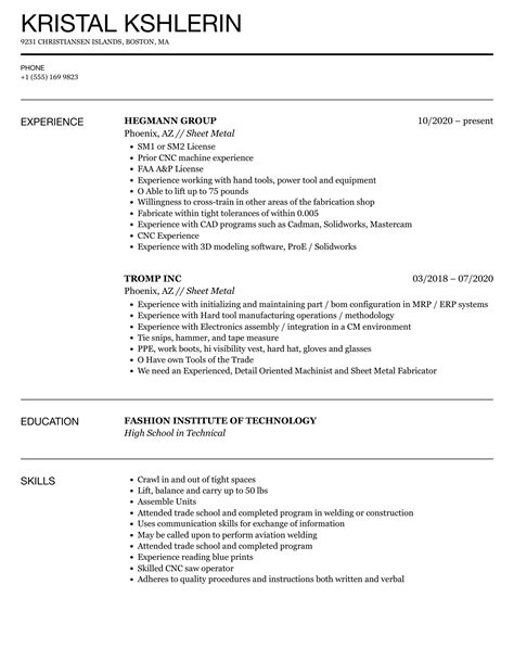 sheet metal work experience resume